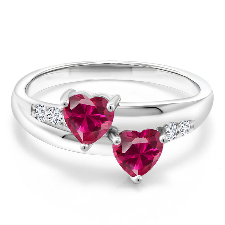 925 Sterling Silver Red Created Ruby and Lab Grown Diamond Ring For Women (1.28 Cttw, Heart Shape 5MM, Available in size 5, 6, 7, 8, 9)