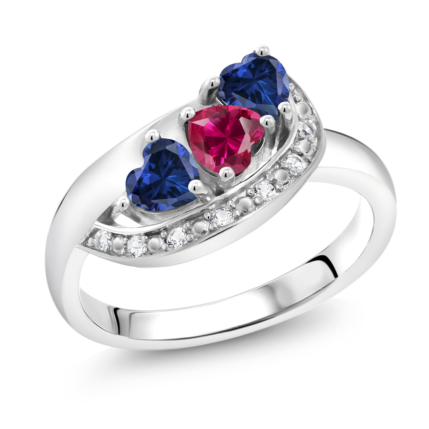 925 Sterling Silver Red Created Ruby Blue Created Sapphire and White Created Sapphire Engagement Ring For Women (1.36 Cttw, Heart Shape 4MM, Available in Size 5,6,7,8,9)