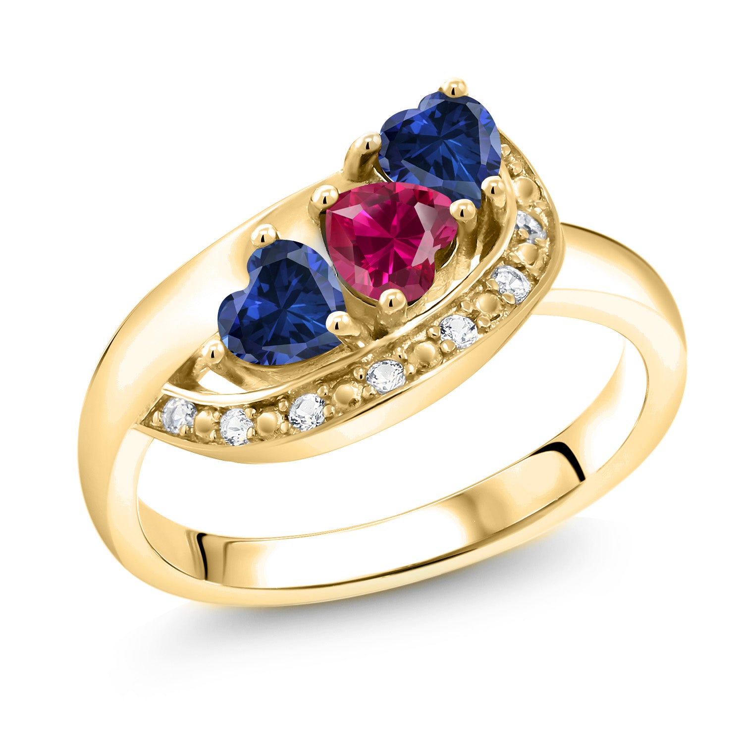 18K Yellow Gold Plated Silver Red Created Ruby Blue and White Created Sapphire Engagement Ring For Women (1.36 Cttw, Gemstone July Birthstone, Heart Shape 4MM, Available in Size 5,6,7,8,9)