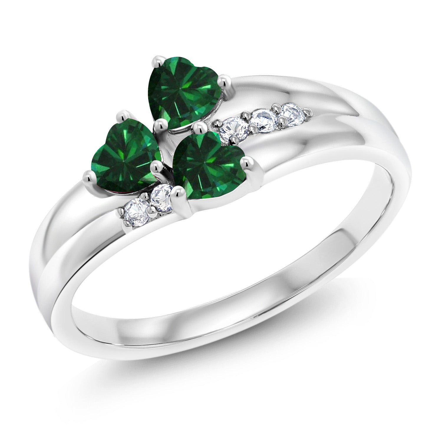 925 Sterling Silver Green Nano Emerald and White Created Sapphire 3-Stone Ring For Women (1.28 Cttw, Heart Shape 4MM, Gemstone May Birthstone, Available in Size 5,6,7,8,9)