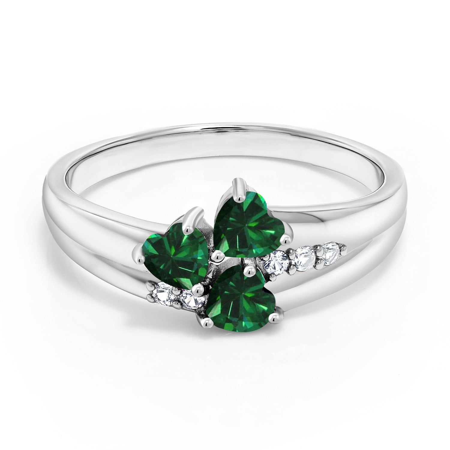 925 Sterling Silver Green Nano Emerald and White Created Sapphire 3-Stone Ring For Women (1.28 Cttw, Heart Shape 4MM, Gemstone May Birthstone, Available in Size 5,6,7,8,9)