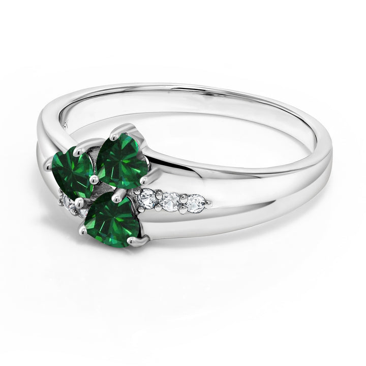 925 Sterling Silver Green Nano Emerald and White Created Sapphire 3-Stone Ring For Women (1.28 Cttw, Heart Shape 4MM, Gemstone May Birthstone, Available in Size 5,6,7,8,9)