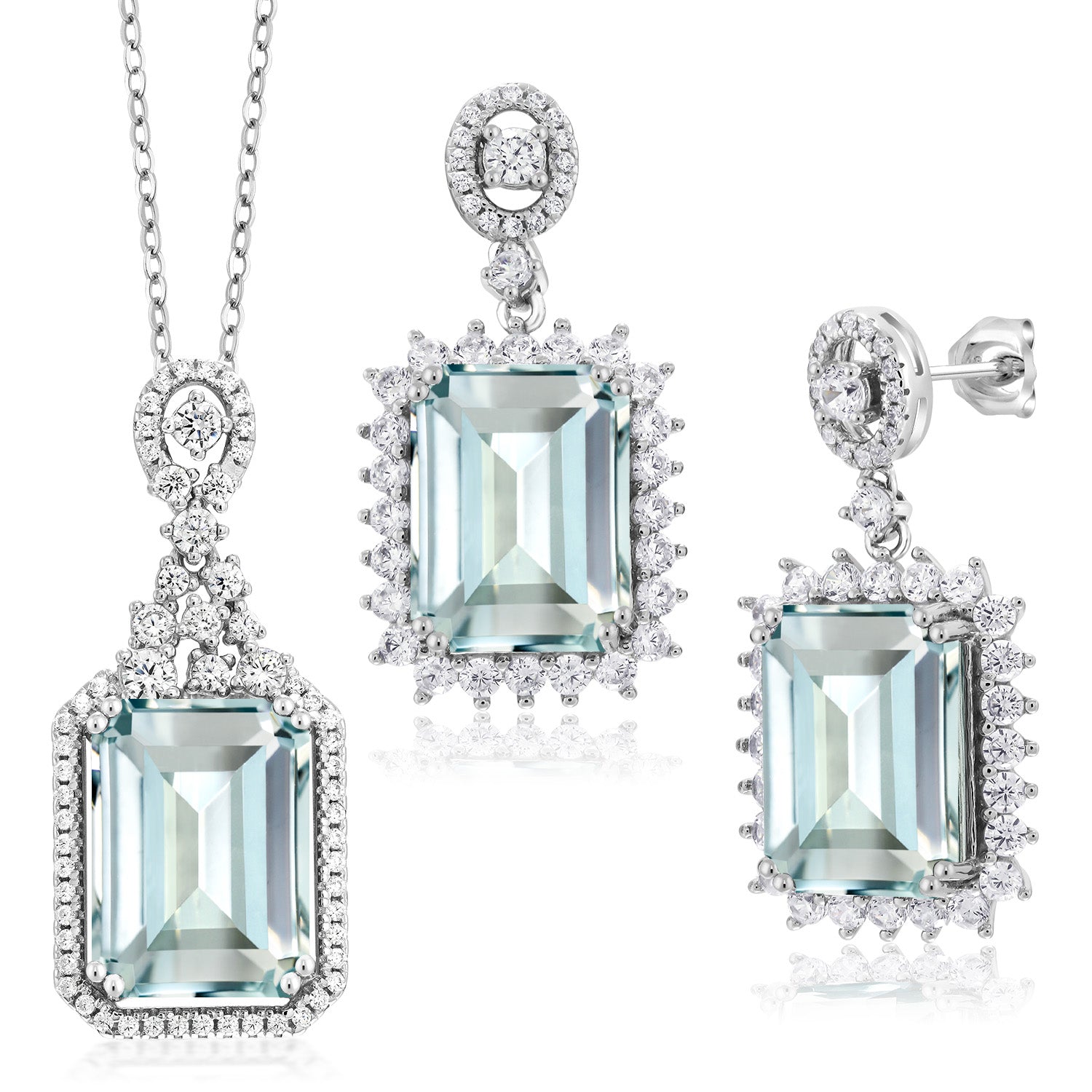 21.02 Cttw Sky Blue Simulated Aquamarine Pendant and Earrings Jewelry Set For Women In 925 Sterling Silver | Emerald Cut 14X10MM | With 18 Inch Chain