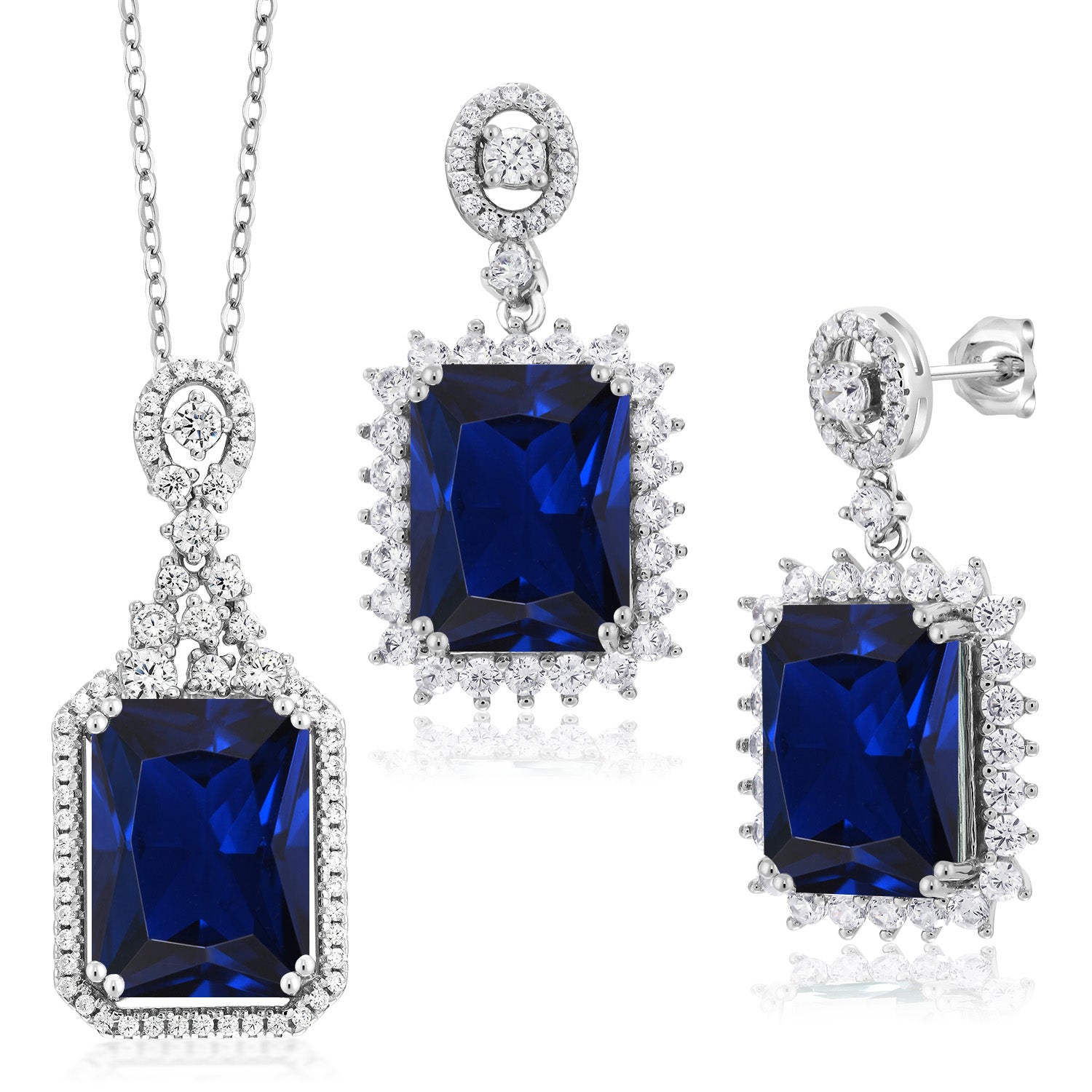 31.10 Cttw Blue Created Sapphire Pendant and Earrings Jewelry Set For Women In 925 Sterling Silver | Emerald Cut 14X10MM | With 18 Inch Chain