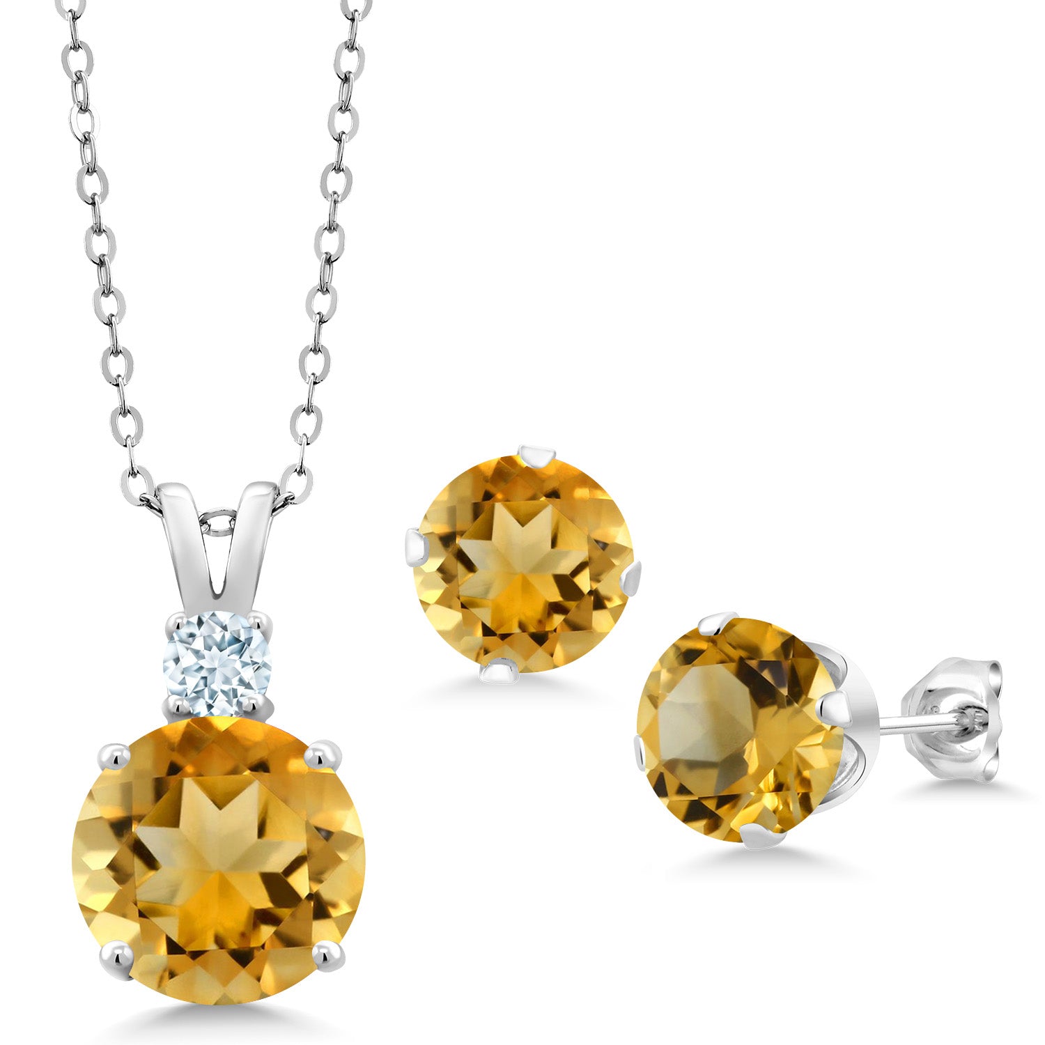 925 Sterling Silver Yellow Citrine and Sky Blue Aquamarine Pendant and Earrings Jewelry Set For Women (6.29 Cttw, Round 10MM, Gemstone November Birthstone, with 18 Inch Silver Chain)