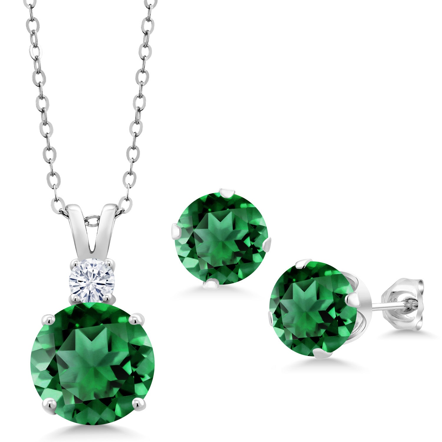 925 Sterling Silver Green Nano Emerald and White Moissanite Pendant and Earrings Jewelry Set For Women (10.54 Cttw, Round 10MM, Gemstone May Birthstone, with 18 Inch Silver Chain)