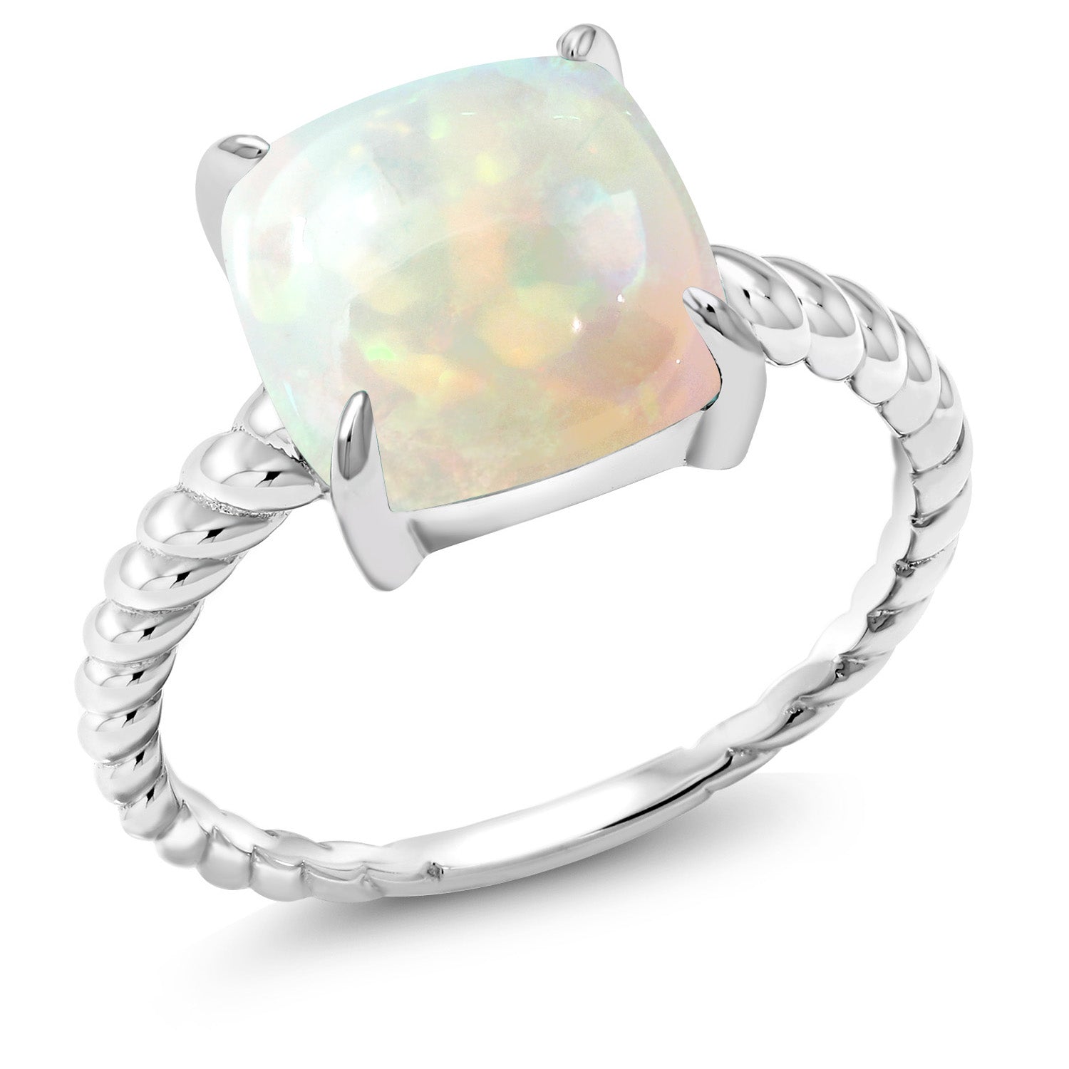 2.58 Cttw Cushion Cut Cabochon White Ethiopian Opal Set In 925 Sterling Silver Ring For Women | Available In Size 5, 6, 7, 8, 9