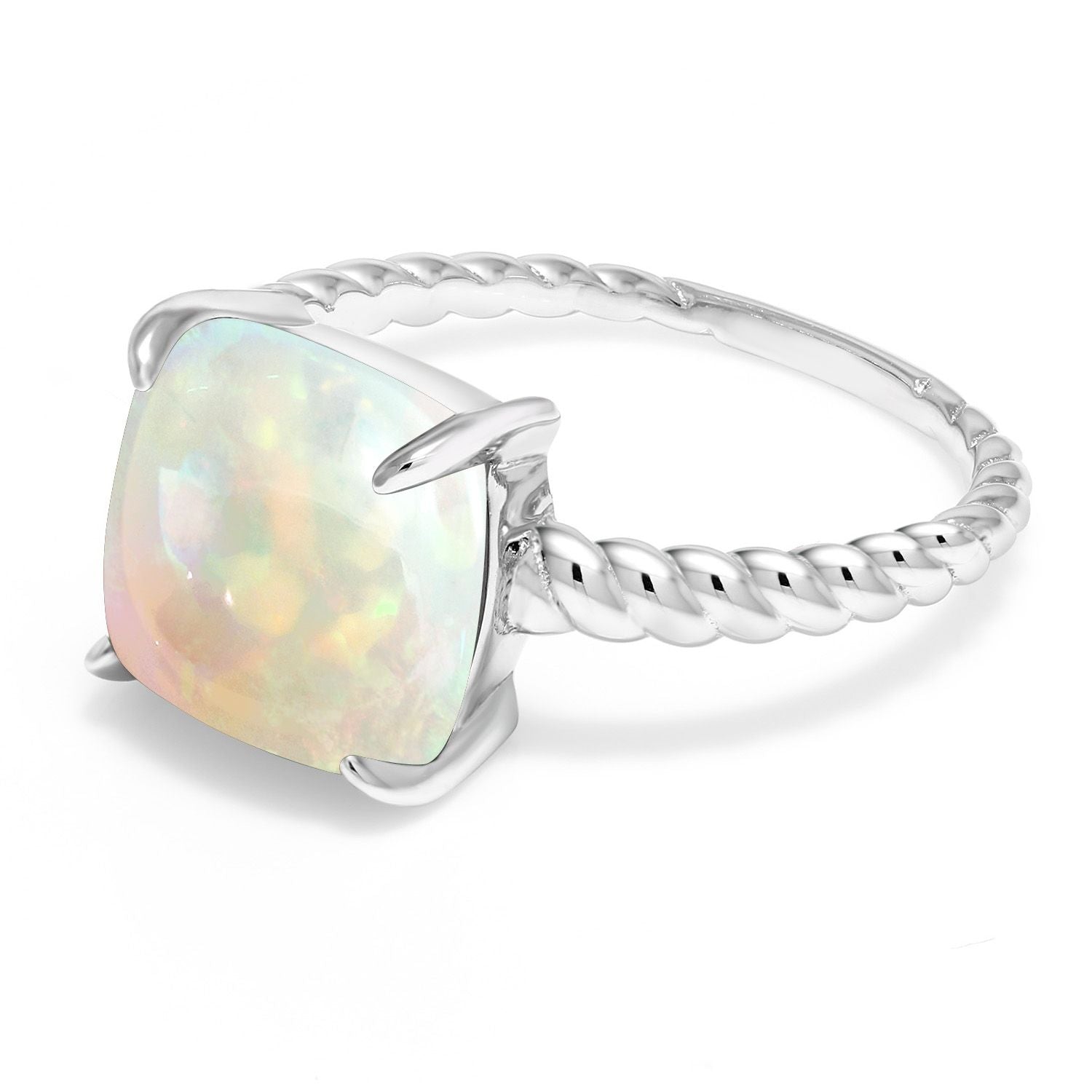 2.58 Cttw Cushion Cut Cabochon White Ethiopian Opal Set In 925 Sterling Silver Ring For Women | Available In Size 5, 6, 7, 8, 9