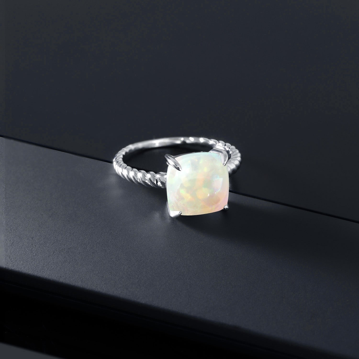 2.58 Cttw Cushion Cut Cabochon White Ethiopian Opal Set In 925 Sterling Silver Ring For Women | Available In Size 5, 6, 7, 8, 9