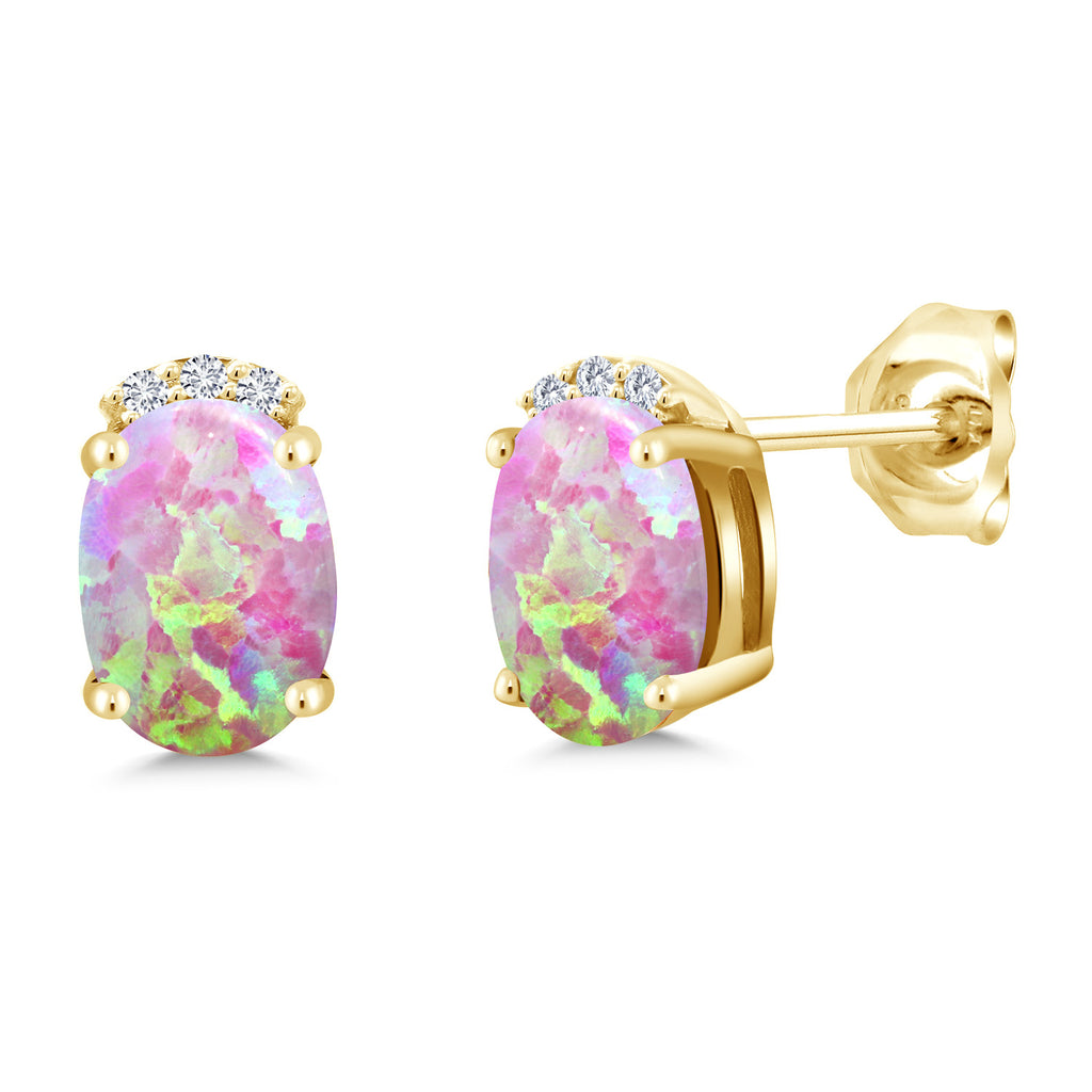 Pink Simulated Opal-Cabochon - October_Earrings in 925 Yellow Gold Plated Silver