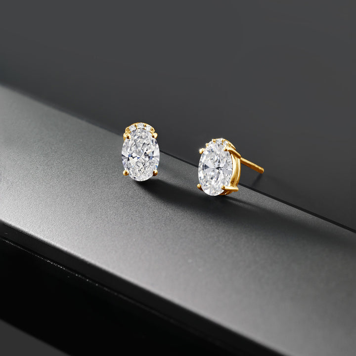 18K Yellow Gold Plated Silver Lab Grown Diamond Stud Earrings For Women | 1.46 Cttw | Gemstone April Birthstone | Oval Cut 7X5MM