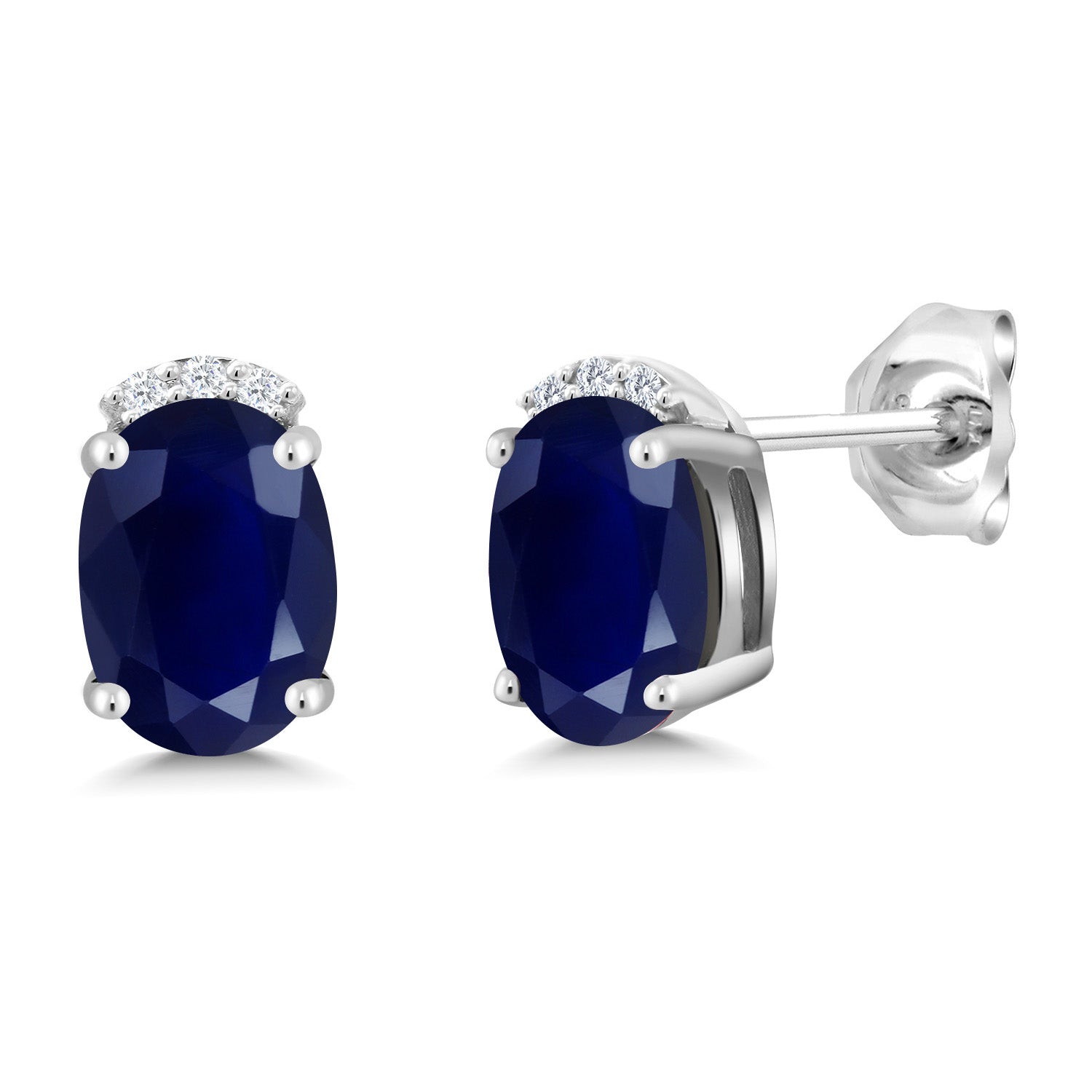 925 Sterling Silver Blue Sapphire and Round White Lab Grown Diamond Earrings For Women (2.08 Cttw, Gemstone Birthstone, Oval 7X5MM)