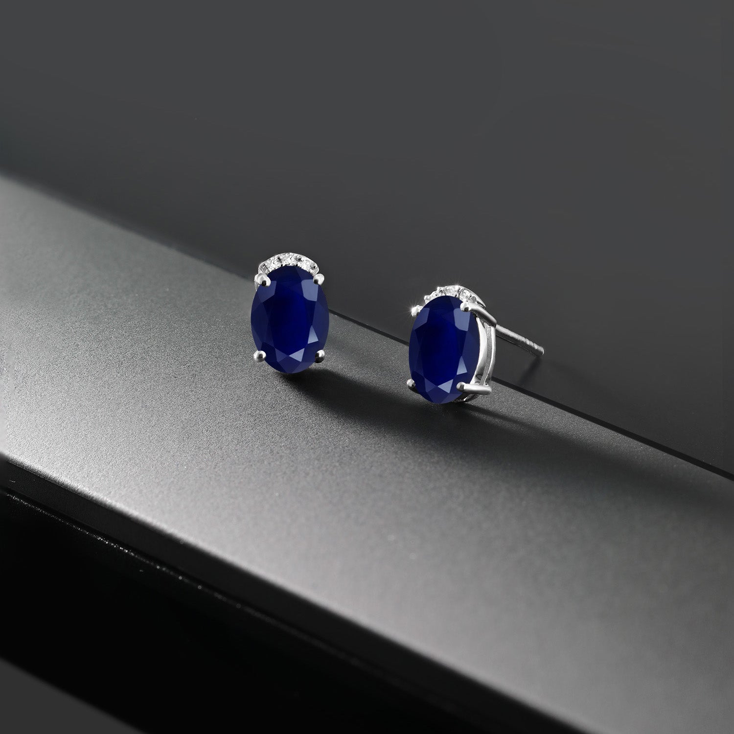 925 Sterling Silver Blue Sapphire and Round White Lab Grown Diamond Earrings For Women (2.08 Cttw, Gemstone Birthstone, Oval 7X5MM)