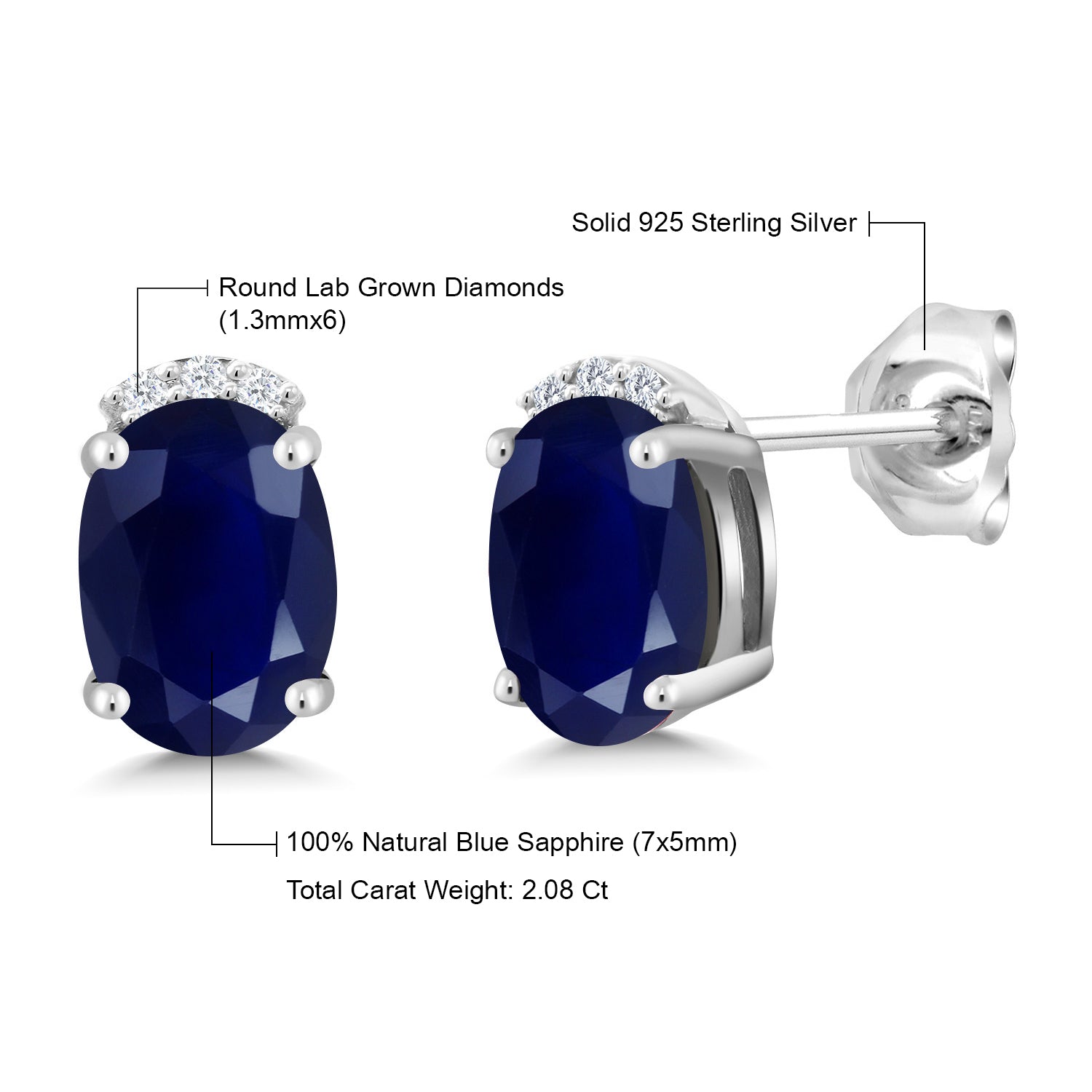 925 Sterling Silver Blue Sapphire and Round White Lab Grown Diamond Earrings For Women (2.08 Cttw, Gemstone Birthstone, Oval 7X5MM)