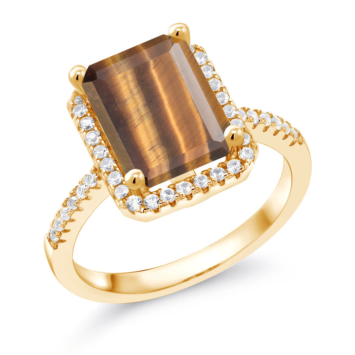 Brown Tiger Eye_5_Ring in 925 Yellow Gold Plated Silver