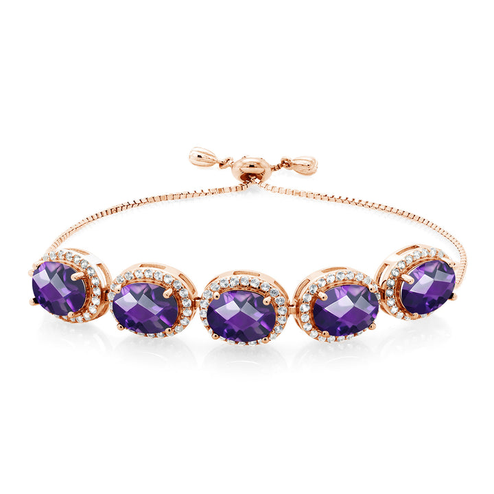Gem Stone King Adjustable 5-Stone Gemstone Birthstone Halo Tennis Bracelet for Women | 18K Rose Gold Plated Silver | Oval 9X7MM | Up to 9 Inch | Gift for Her Mom Wife