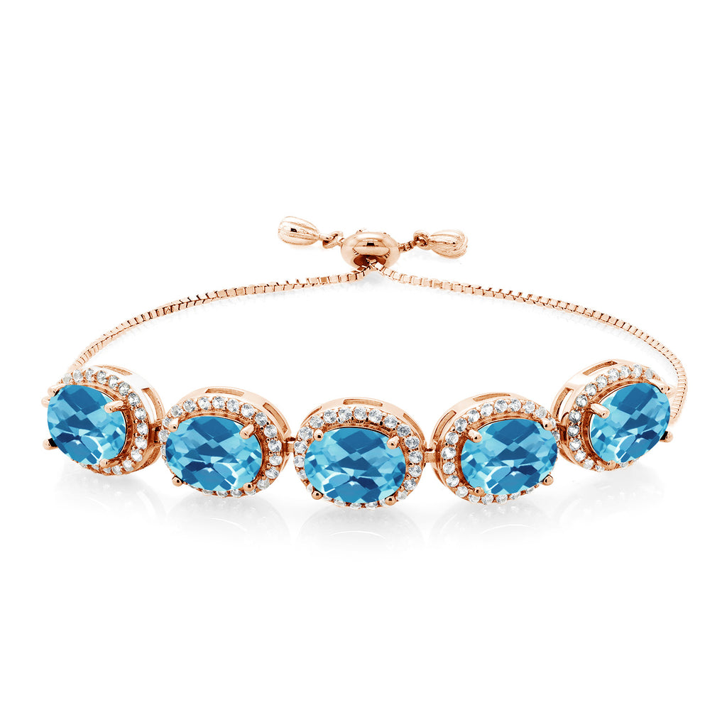 Gem Stone King Adjustable 5-Stone Gemstone Birthstone Halo Tennis Bracelet for Women | 18K Rose Gold Plated Silver | Oval 9X7MM | Up to 9 Inch | Gift for Her Mom Wife