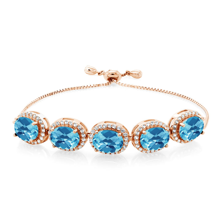Gem Stone King Adjustable 5-Stone Gemstone Birthstone Halo Tennis Bracelet for Women | 18K Rose Gold Plated Silver | Oval 9X7MM | Up to 9 Inch | Gift for Her Mom Wife