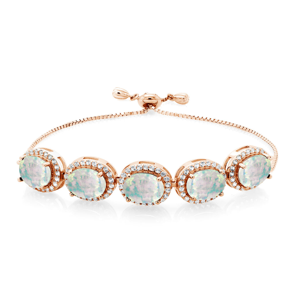 Gem Stone King Adjustable 5-Stone Gemstone Birthstone Halo Tennis Bracelet for Women | 18K Rose Gold Plated Silver | Oval 9X7MM | Up to 9 Inch | Gift for Her Mom Wife