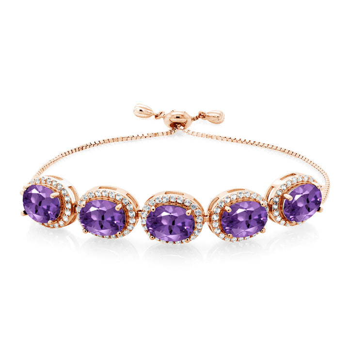 Gem Stone King Adjustable 5-Stone Gemstone Birthstone Halo Tennis Bracelet for Women | 18K Rose Gold Plated Silver | Oval 9X7MM | Up to 9 Inch | Gift for Her Mom Wife