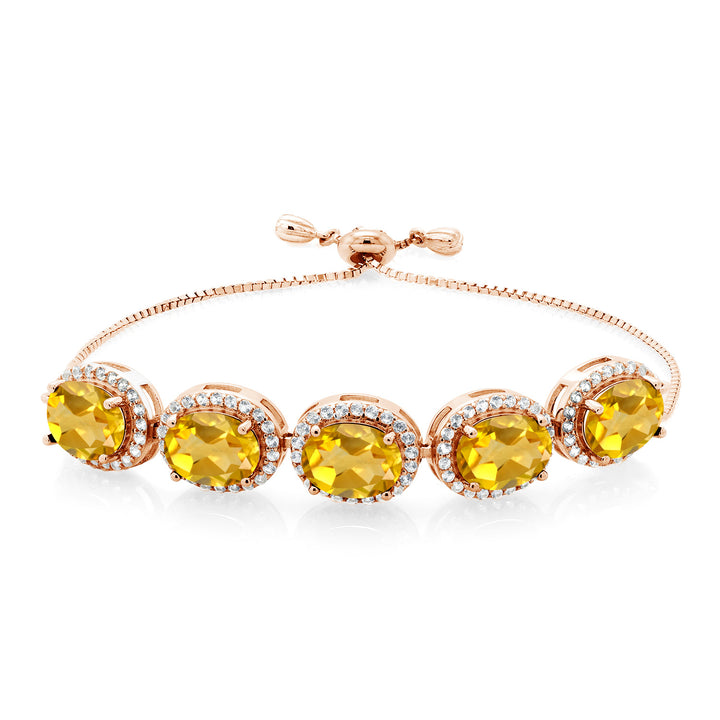 Gem Stone King Adjustable 5-Stone Gemstone Birthstone Halo Tennis Bracelet for Women | 18K Rose Gold Plated Silver | Oval 9X7MM | Up to 9 Inch | Gift for Her Mom Wife