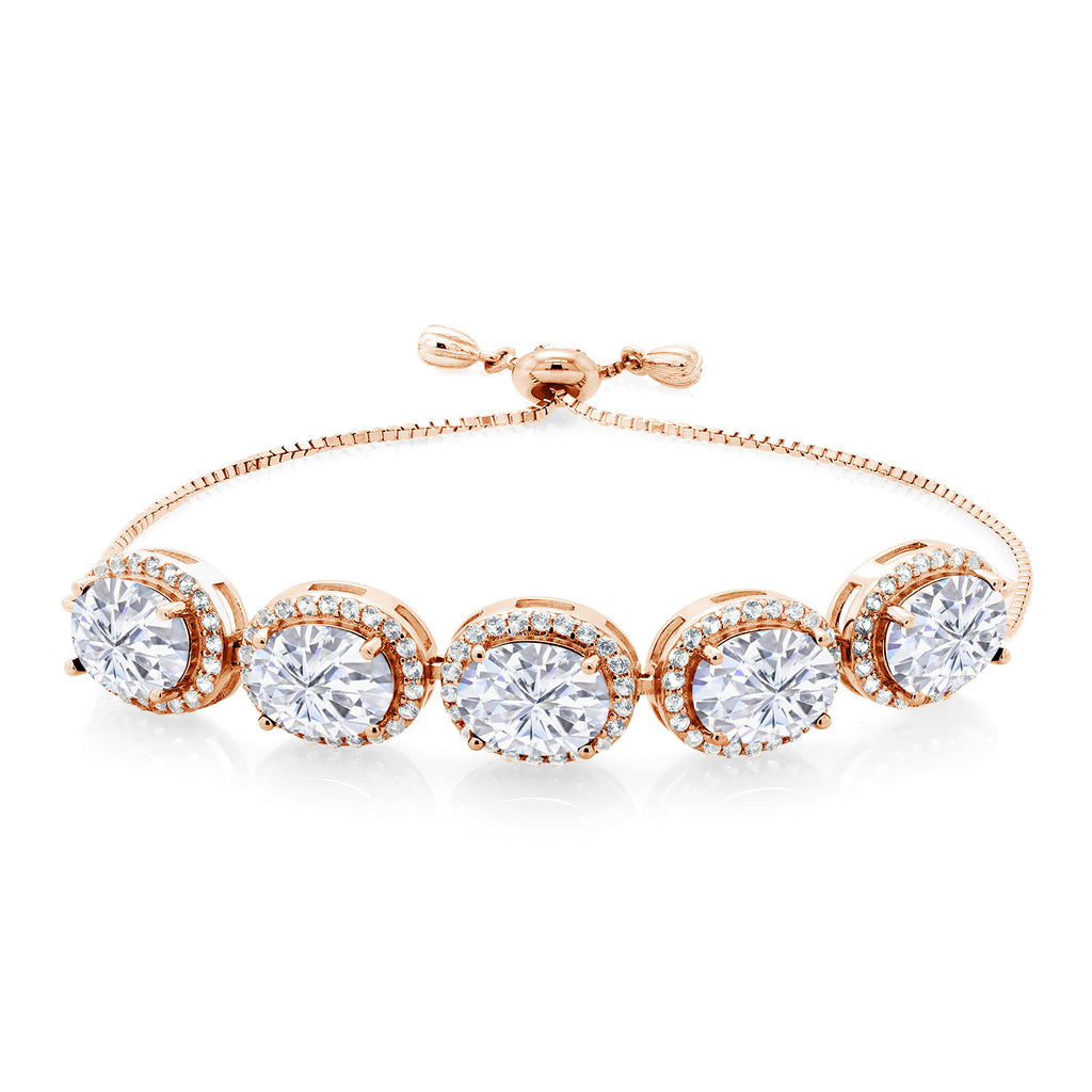Gem Stone King Adjustable 5-Stone Gemstone Birthstone Halo Tennis Bracelet for Women | 18K Rose Gold Plated Silver | Oval 9X7MM | Up to 9 Inch | Gift for Her Mom Wife