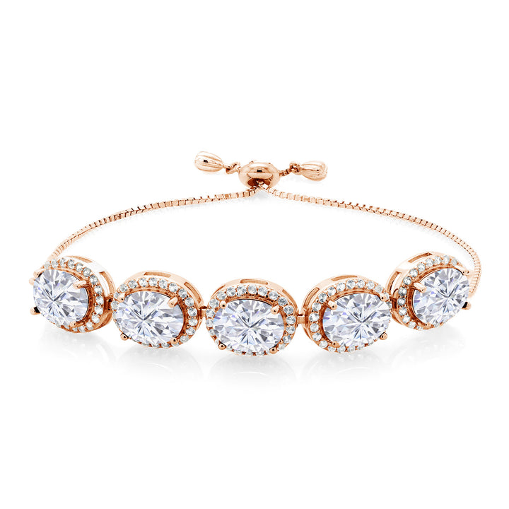 Gem Stone King Adjustable 5-Stone Gemstone Birthstone Halo Tennis Bracelet for Women | 18K Rose Gold Plated Silver | Oval 9X7MM | Up to 9 Inch | Gift for Her Mom Wife