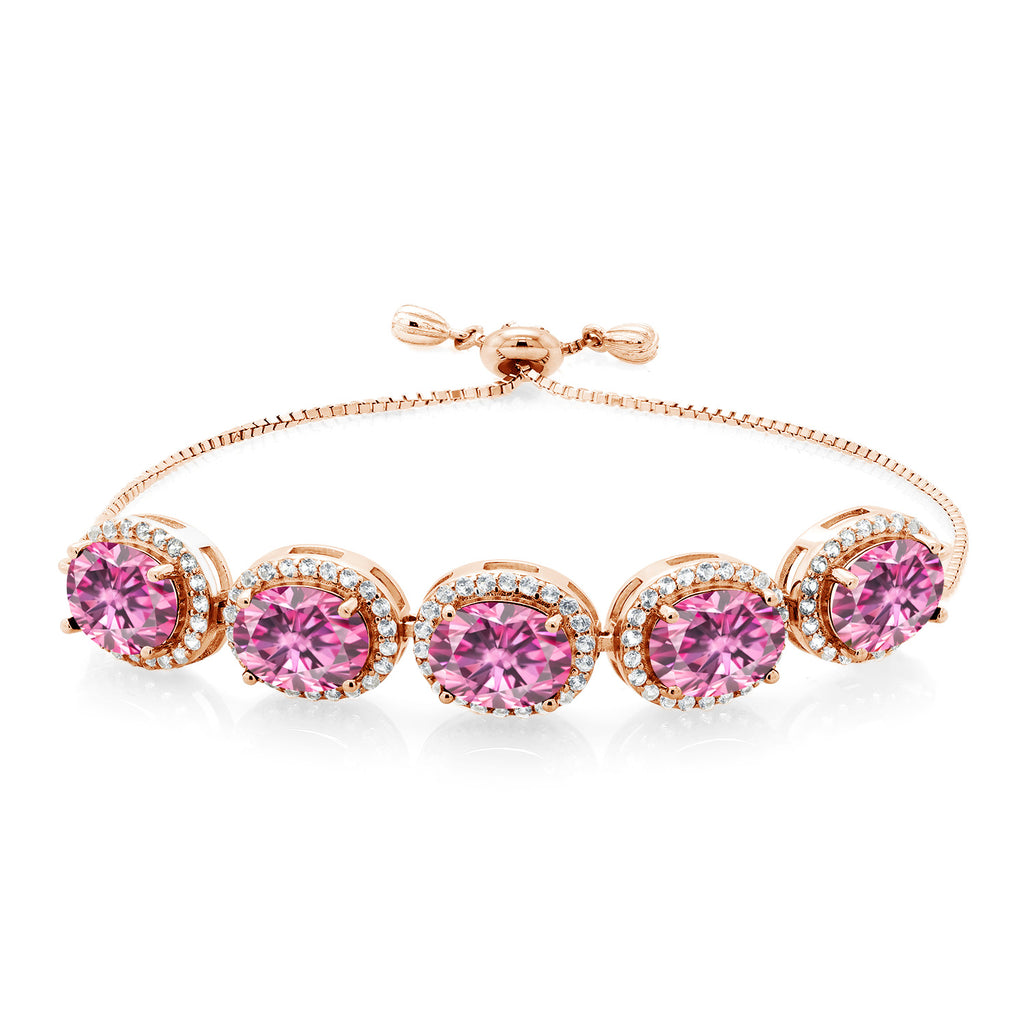 Gem Stone King Adjustable 5-Stone Gemstone Birthstone Halo Tennis Bracelet for Women | 18K Rose Gold Plated Silver | Oval 9X7MM | Up to 9 Inch | Gift for Her Mom Wife