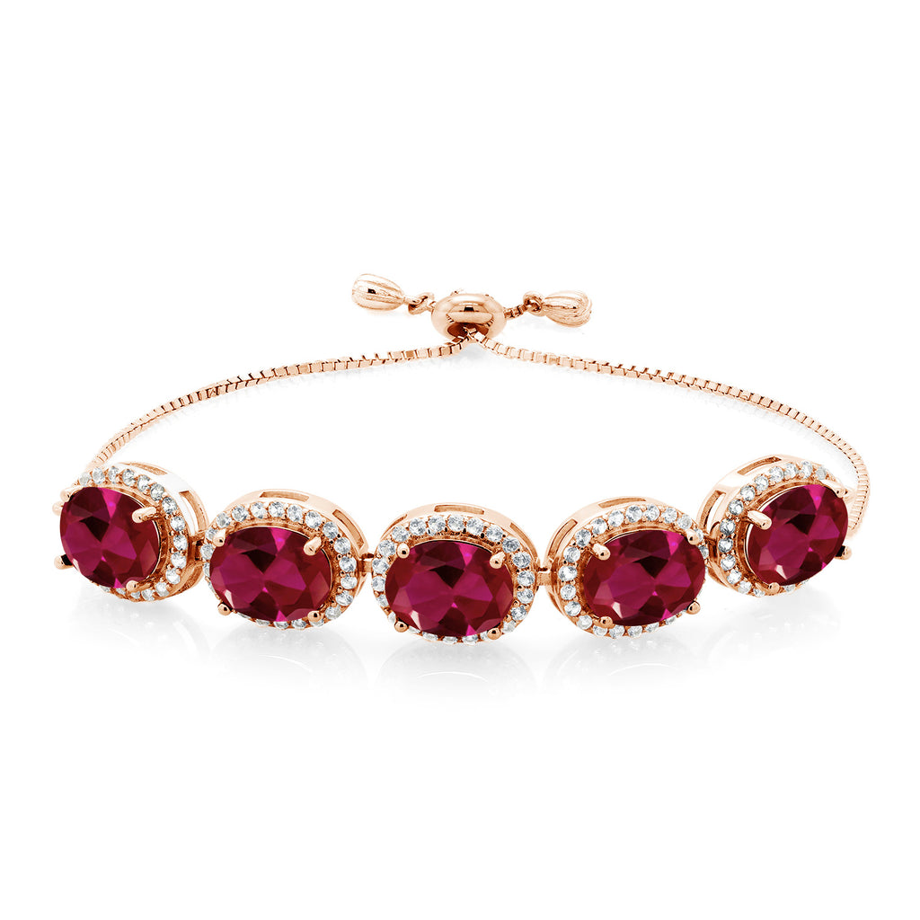 Gem Stone King Adjustable 5-Stone Gemstone Birthstone Halo Tennis Bracelet for Women | 18K Rose Gold Plated Silver | Oval 9X7MM | Up to 9 Inch | Gift for Her Mom Wife