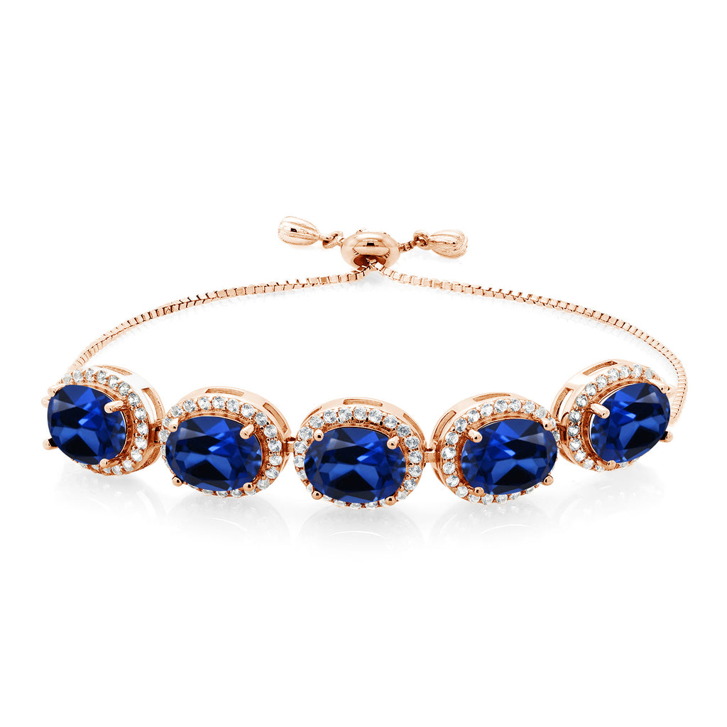 Gem Stone King Adjustable 5-Stone Gemstone Birthstone Halo Tennis Bracelet for Women | 18K Rose Gold Plated Silver | Oval 9X7MM | Up to 9 Inch | Gift for Her Mom Wife