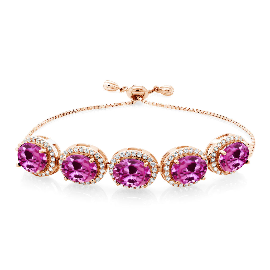 Gem Stone King Adjustable 5-Stone Gemstone Birthstone Halo Tennis Bracelet for Women | 18K Rose Gold Plated Silver | Oval 9X7MM | Up to 9 Inch | Gift for Her Mom Wife