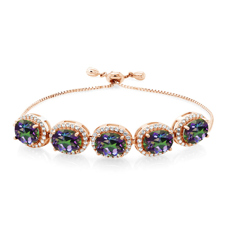Gem Stone King Adjustable 5-Stone Gemstone Birthstone Halo Tennis Bracelet for Women | 18K Rose Gold Plated Silver | Oval 9X7MM | Up to 9 Inch | Gift for Her Mom Wife