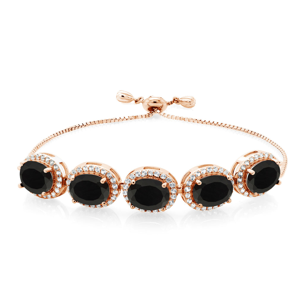 Gem Stone King Adjustable 5-Stone Gemstone Birthstone Halo Tennis Bracelet for Women | 18K Rose Gold Plated Silver | Oval 9X7MM | Up to 9 Inch | Gift for Her Mom Wife