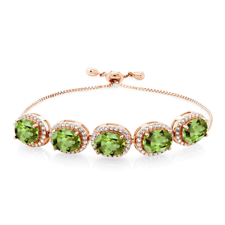Gem Stone King Adjustable 5-Stone Gemstone Birthstone Halo Tennis Bracelet for Women | 18K Rose Gold Plated Silver | Oval 9X7MM | Up to 9 Inch | Gift for Her Mom Wife