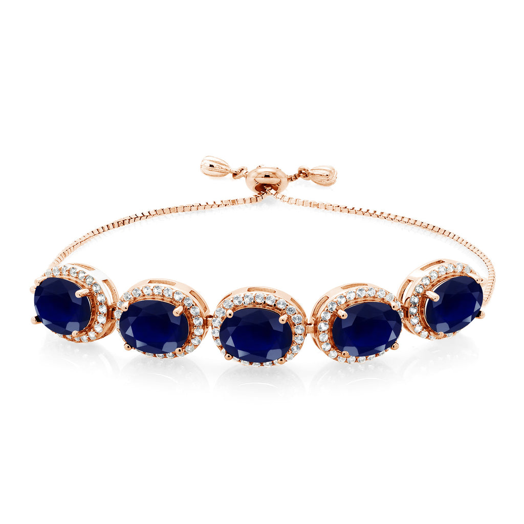 Gem Stone King Adjustable 5-Stone Gemstone Birthstone Halo Tennis Bracelet for Women | 18K Rose Gold Plated Silver | Oval 9X7MM | Up to 9 Inch | Gift for Her Mom Wife