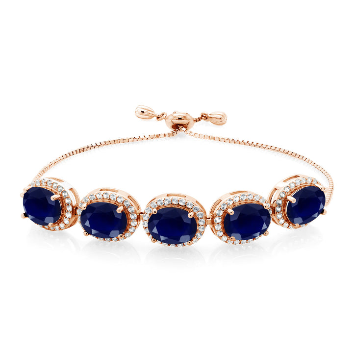 Gem Stone King Adjustable 5-Stone Gemstone Birthstone Halo Tennis Bracelet for Women | 18K Rose Gold Plated Silver | Oval 9X7MM | Up to 9 Inch | Gift for Her Mom Wife