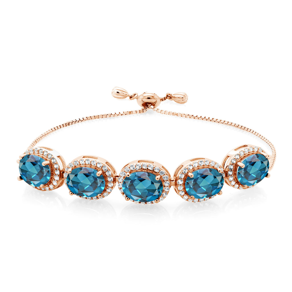 Gem Stone King Adjustable 5-Stone Gemstone Birthstone Halo Tennis Bracelet for Women | 18K Rose Gold Plated Silver | Oval 9X7MM | Up to 9 Inch | Gift for Her Mom Wife
