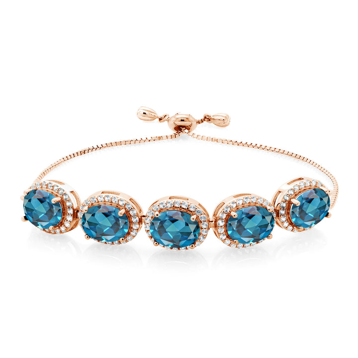 Gem Stone King Adjustable 5-Stone Gemstone Birthstone Halo Tennis Bracelet for Women | 18K Rose Gold Plated Silver | Oval 9X7MM | Up to 9 Inch | Gift for Her Mom Wife