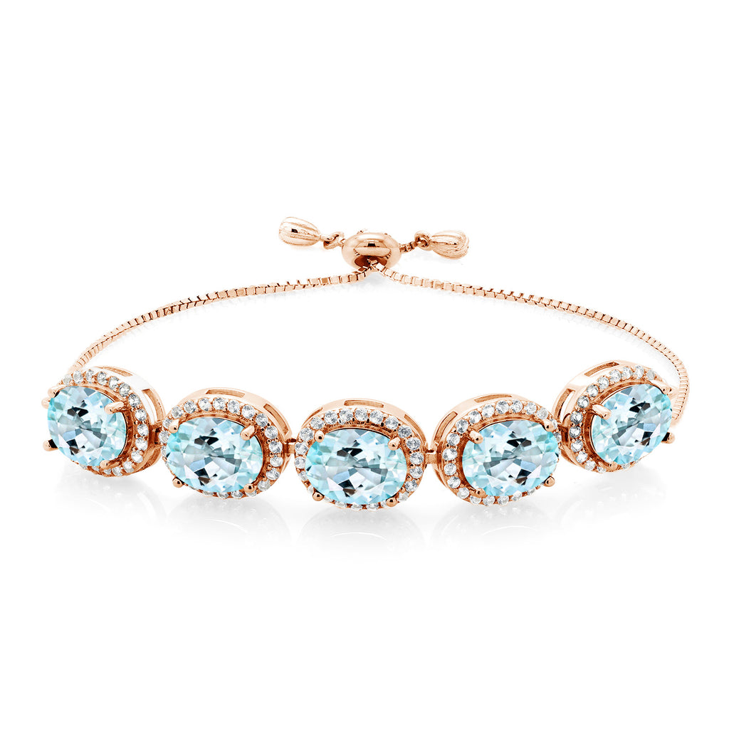 Gem Stone King Adjustable 5-Stone Gemstone Birthstone Halo Tennis Bracelet for Women | 18K Rose Gold Plated Silver | Oval 9X7MM | Up to 9 Inch | Gift for Her Mom Wife
