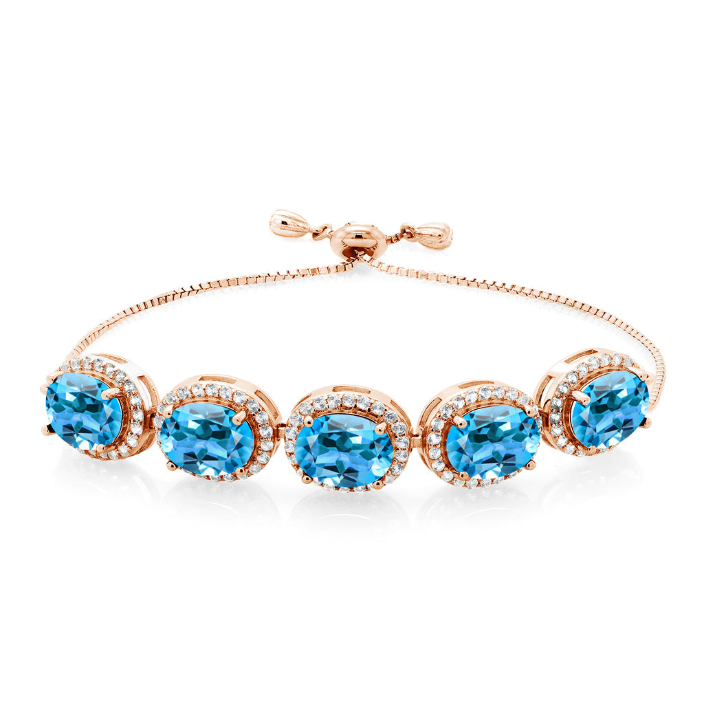 Gem Stone King Adjustable 5-Stone Gemstone Birthstone Halo Tennis Bracelet for Women | 18K Rose Gold Plated Silver | Oval 9X7MM | Up to 9 Inch | Gift for Her Mom Wife