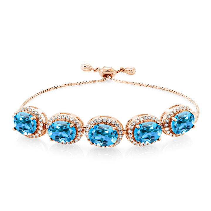 Gem Stone King Adjustable 5-Stone Gemstone Birthstone Halo Tennis Bracelet for Women | 18K Rose Gold Plated Silver | Oval 9X7MM | Up to 9 Inch | Gift for Her Mom Wife