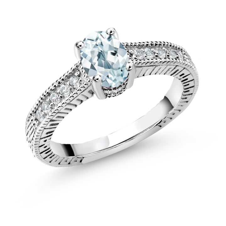 925 Sterling Silver Sky Blue Aquamarine and White Topaz Women Engagement Ring (0.95 Ct Oval, Available in Size 5,6,7,8,9)