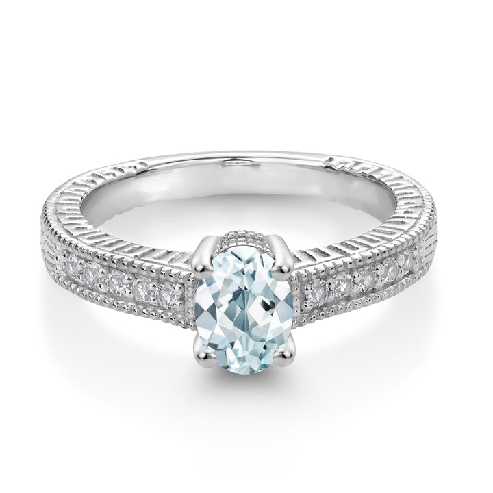 925 Sterling Silver Sky Blue Aquamarine and White Topaz Women Engagement Ring (0.95 Ct Oval, Available in Size 5,6,7,8,9)