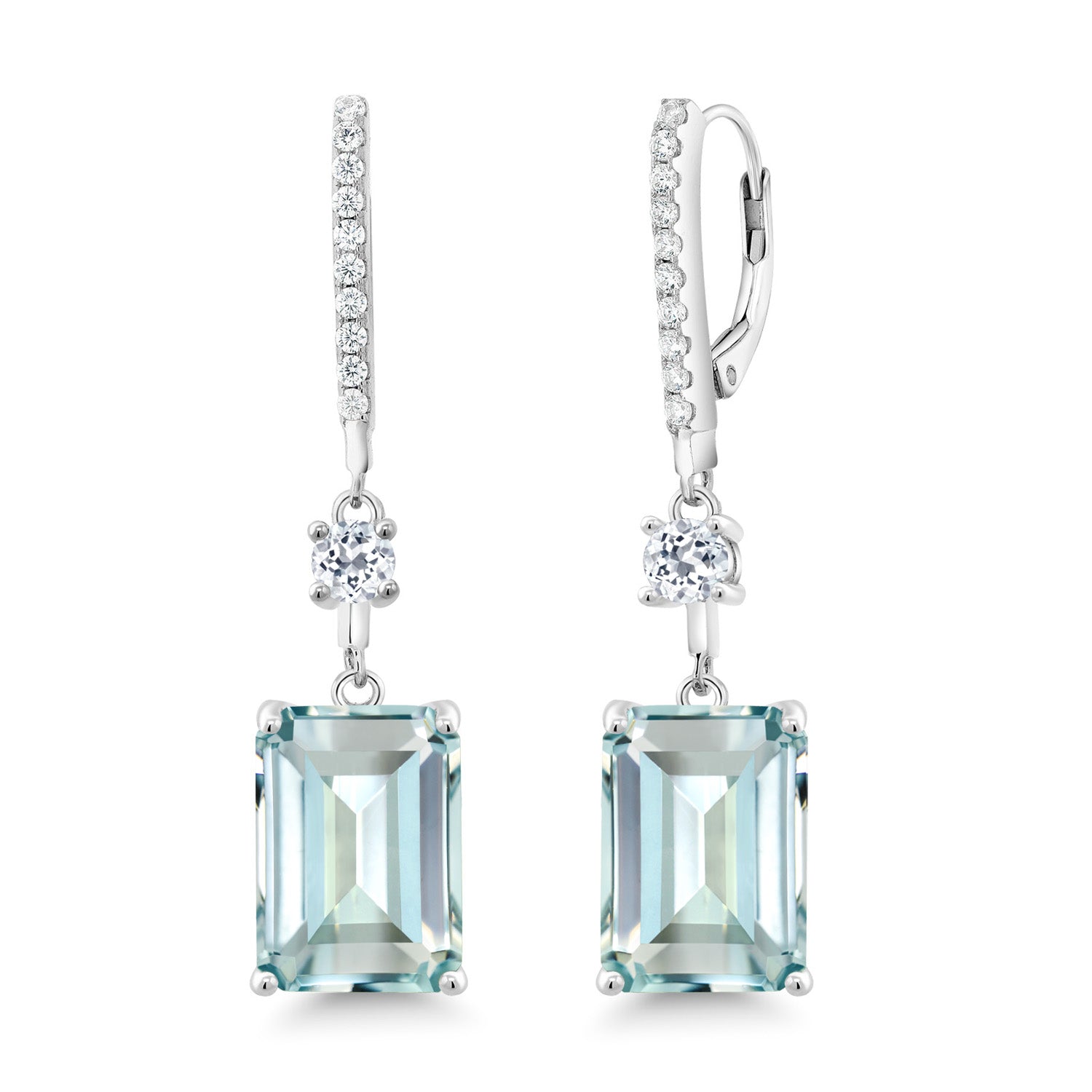 925 Sterling Silver Sky Blue Simulated Aquamarine Earrings | Gemstone Birthstone | Drop Dangle Earrings For Women | 14.24 Cttw | Emerald Cut 14X10MM