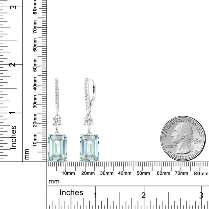 925 Sterling Silver Sky Blue Simulated Aquamarine Earrings | Gemstone Birthstone | Drop Dangle Earrings For Women | 14.24 Cttw | Emerald Cut 14X10MM