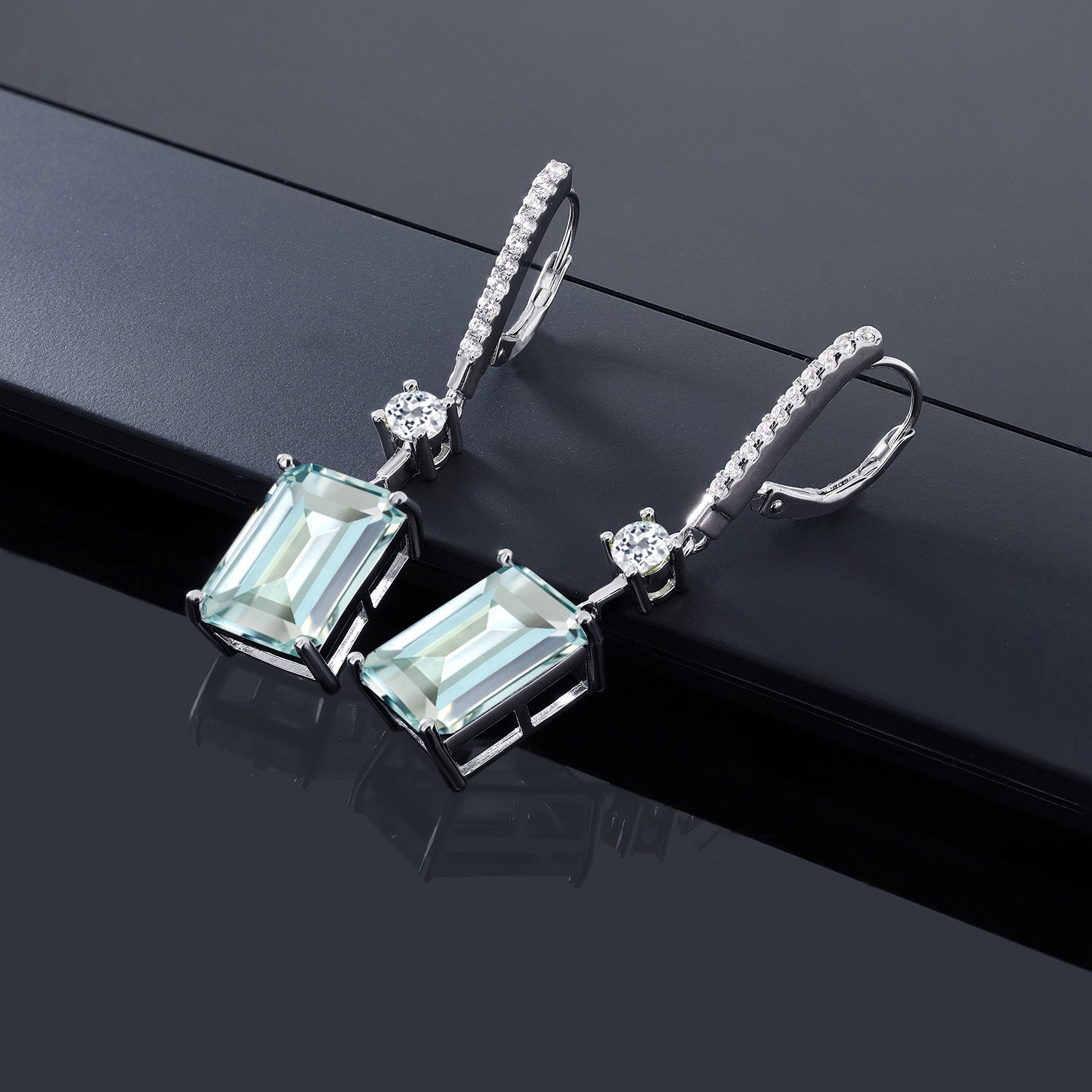 925 Sterling Silver Sky Blue Simulated Aquamarine Earrings | Gemstone Birthstone | Drop Dangle Earrings For Women | 14.24 Cttw | Emerald Cut 14X10MM