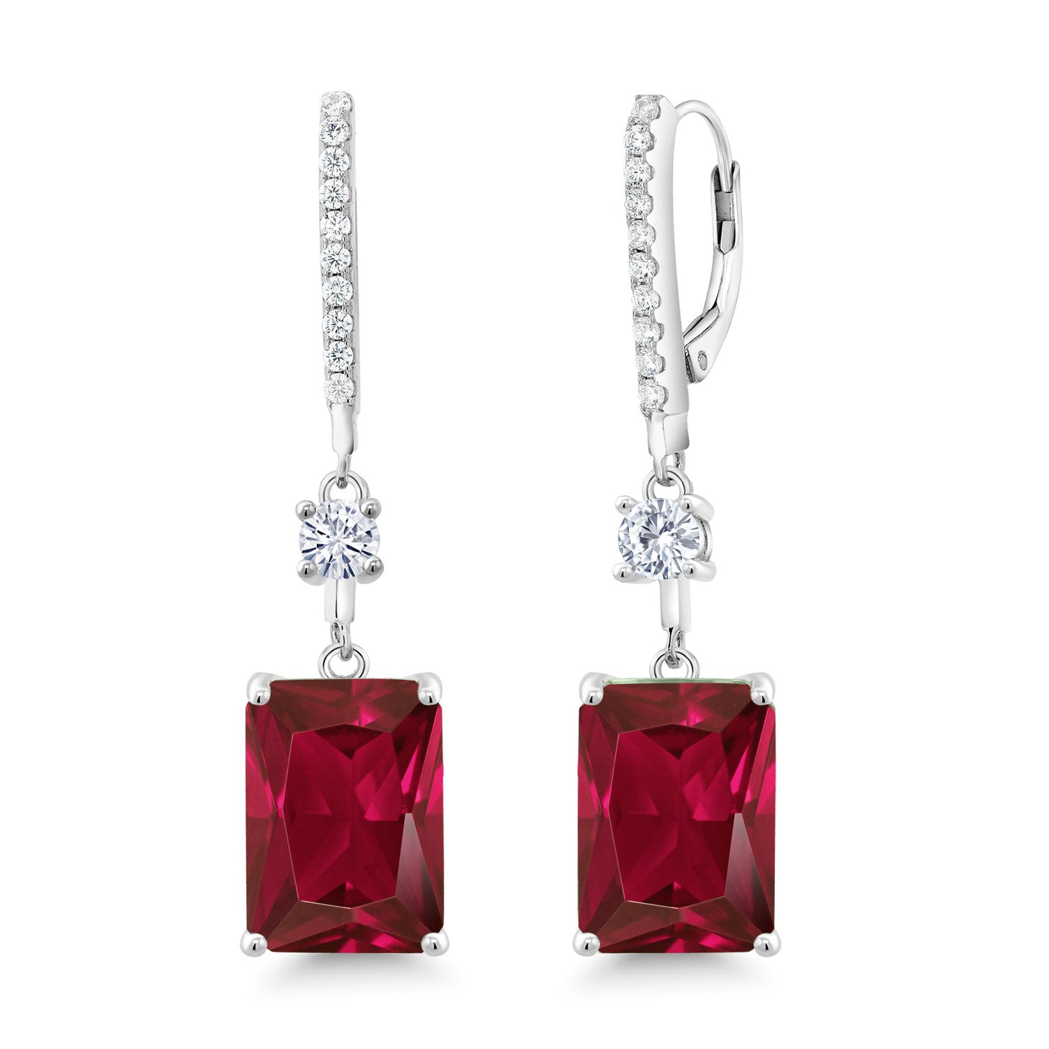 925 Sterling Silver Red Created Ruby and Forever Classic Moissanite Dangle Earrings For Women (10.76 Cttw, Emerald Cut 14X10MM)