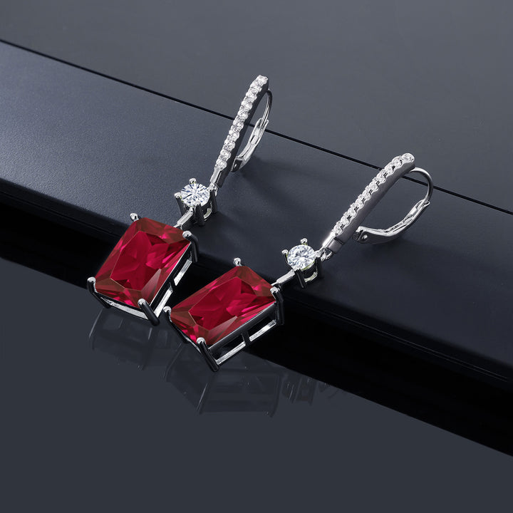 925 Sterling Silver Red Created Ruby and Forever Classic Moissanite Dangle Earrings For Women (10.76 Cttw, Emerald Cut 14X10MM)