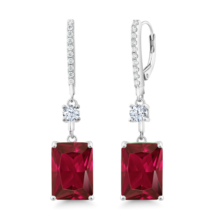 925 Sterling Silver Red Created Ruby Dangle Earrings For Women (10.30 Cttw, Emerald Cut 14X10MM)