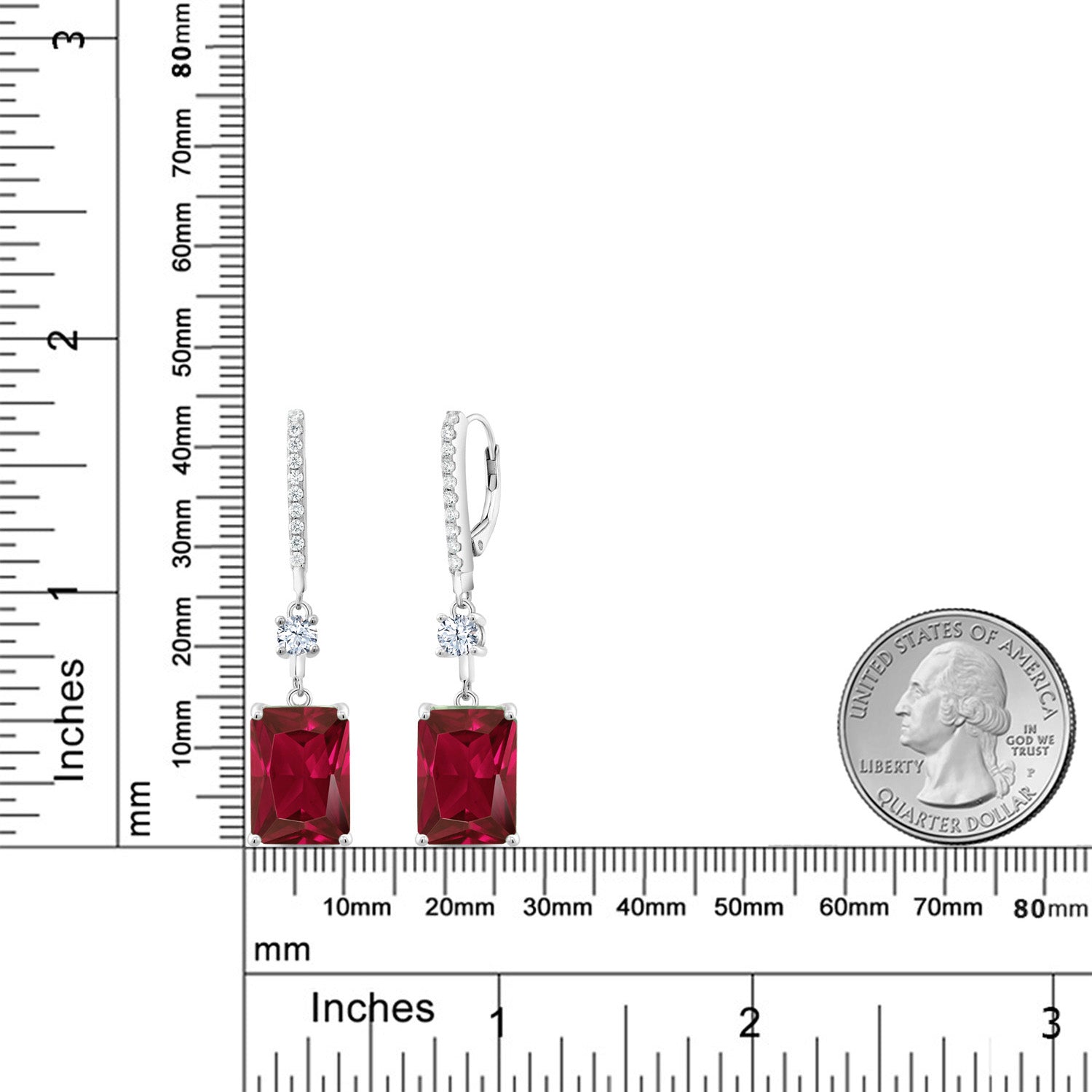 925 Sterling Silver Red Created Ruby Dangle Earrings For Women (10.30 Cttw, Emerald Cut 14X10MM)